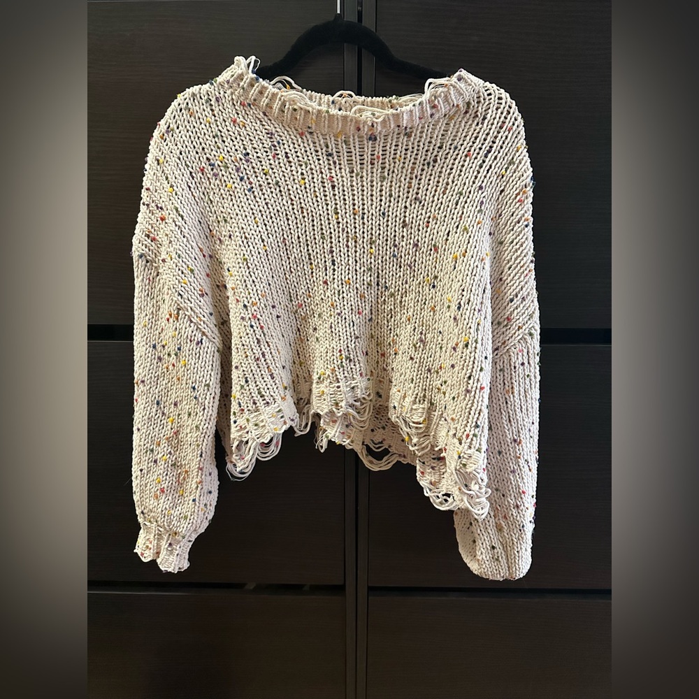 White and rainbow polka dot distressed cropped sweater
